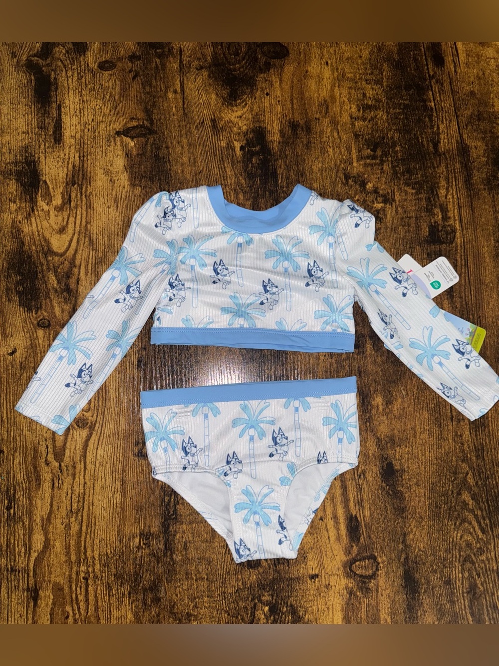 Girls Light Blue & White Palm-Print Long Sleeve Swim Set